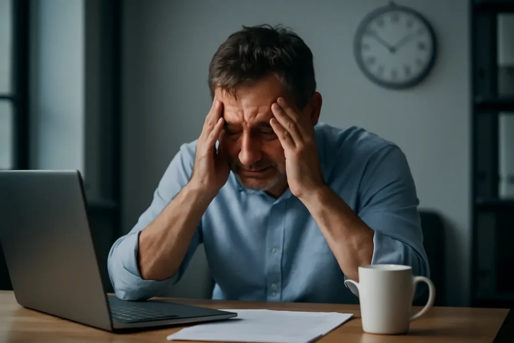 stressed man at work late in the day